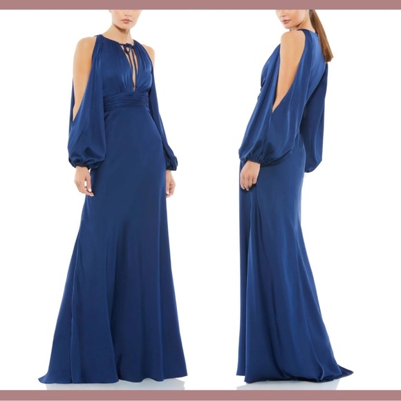 NWT IEENA Mac Duggal [ 14 ] Plunge‎ Neck Long Sleeve Satin Gown in Midnight - Picture 1 of 16